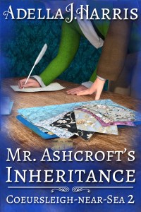cover of Mr. Ashcroft's Inheritance showing two men in Regency suits leaning over a table with fabric samples on it, their hands touching